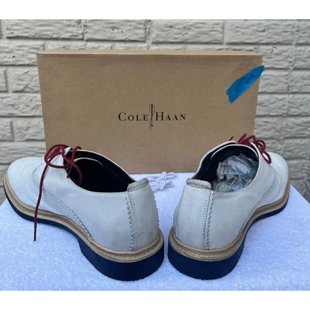 Cole Haan Grand OS Mens White Leather Oxford Shoes Burgundy Laces C23769 Size 11